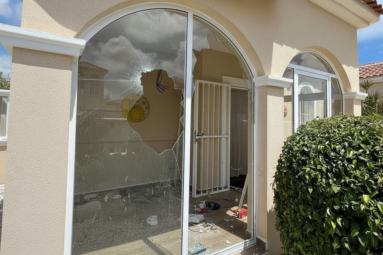 before Broken and cracked large porch window with rounded top.