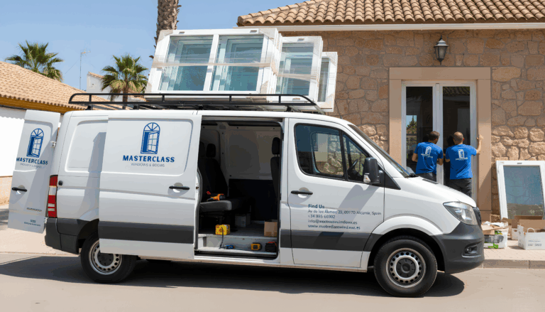 Masterclass branded van parked outside property with windows being installed.